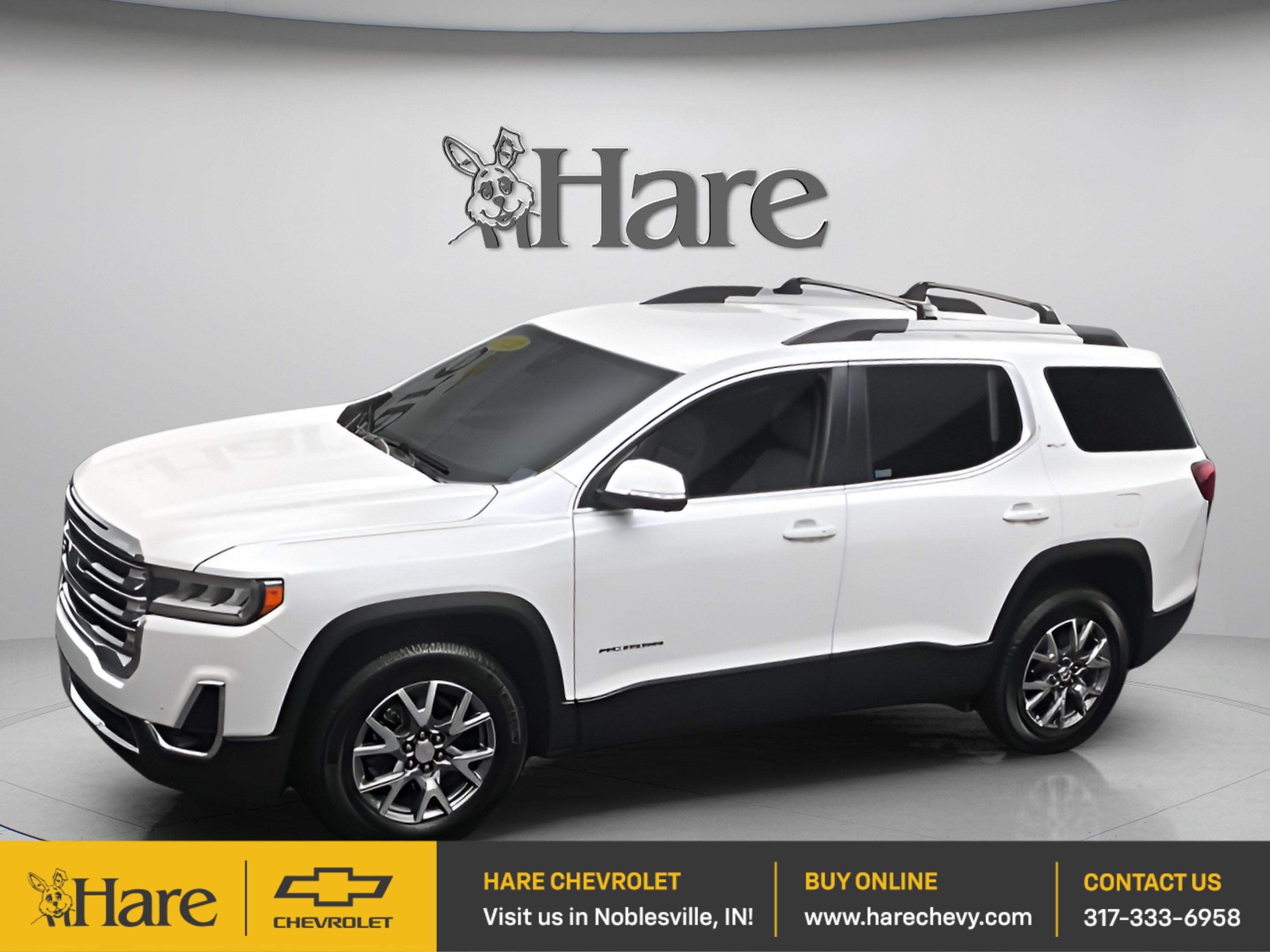 2021 GMC Acadia SLT in White Frost Tricoat — front three-quarter view