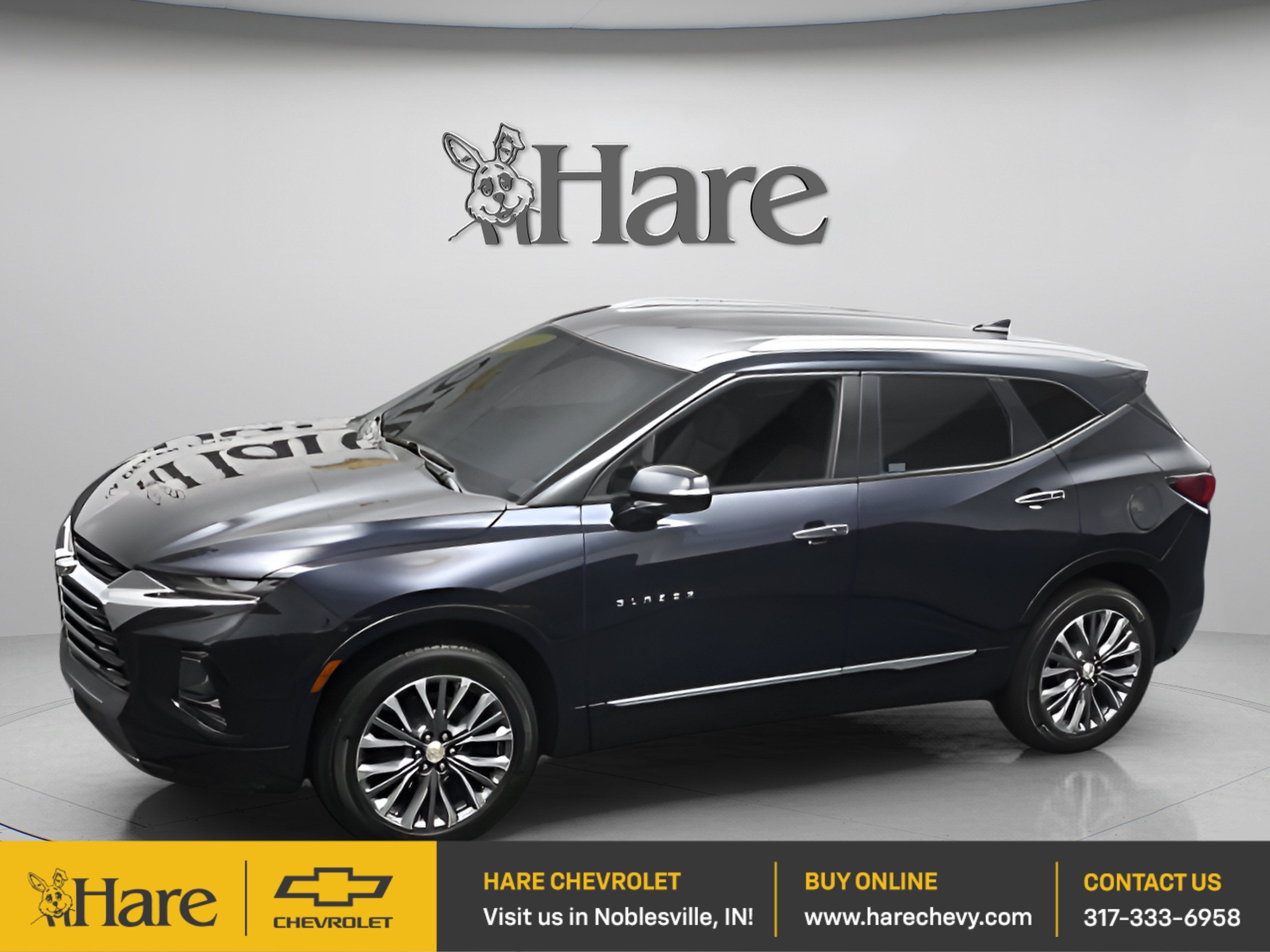 2021 Chevrolet Blazer Premier in Midnight Blue Metallic — front three-quarter view